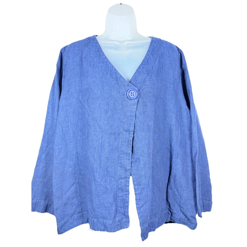 Pure Jill Linen Top‎ Womens L Blue Boho Artsy Button Front Relaxed Fit Dolman